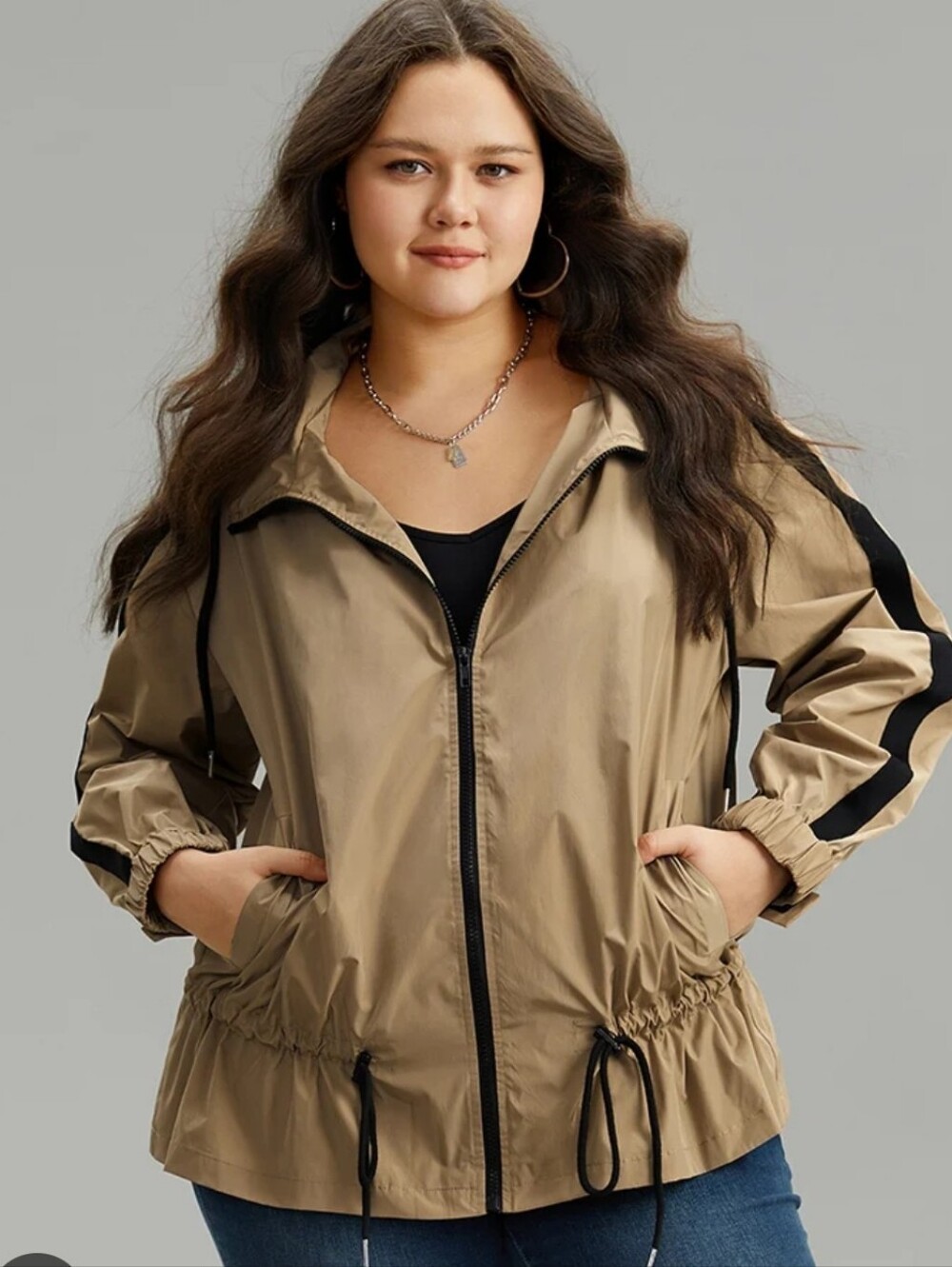 BloomChic Women Tan Hooded Windbreaker with Black Trim